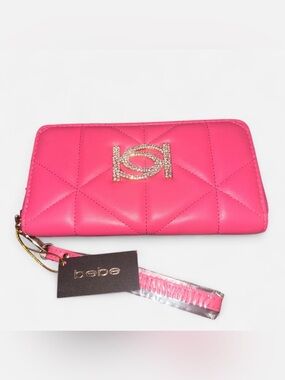 Bebe Quilted Hot Pink Wristlet Wallet with Crystal Logo Accent